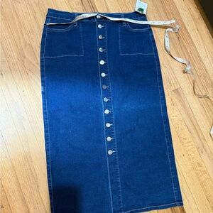 Dark Blue Button-Front Denim Midi Skirt